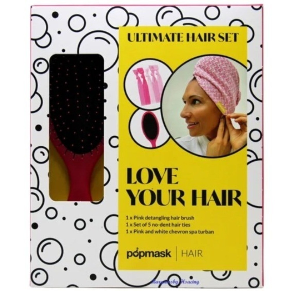 Popmask Love Your Hair Ultimate Set Pink Detangling Brush‎ Turban Hair Ties NEW